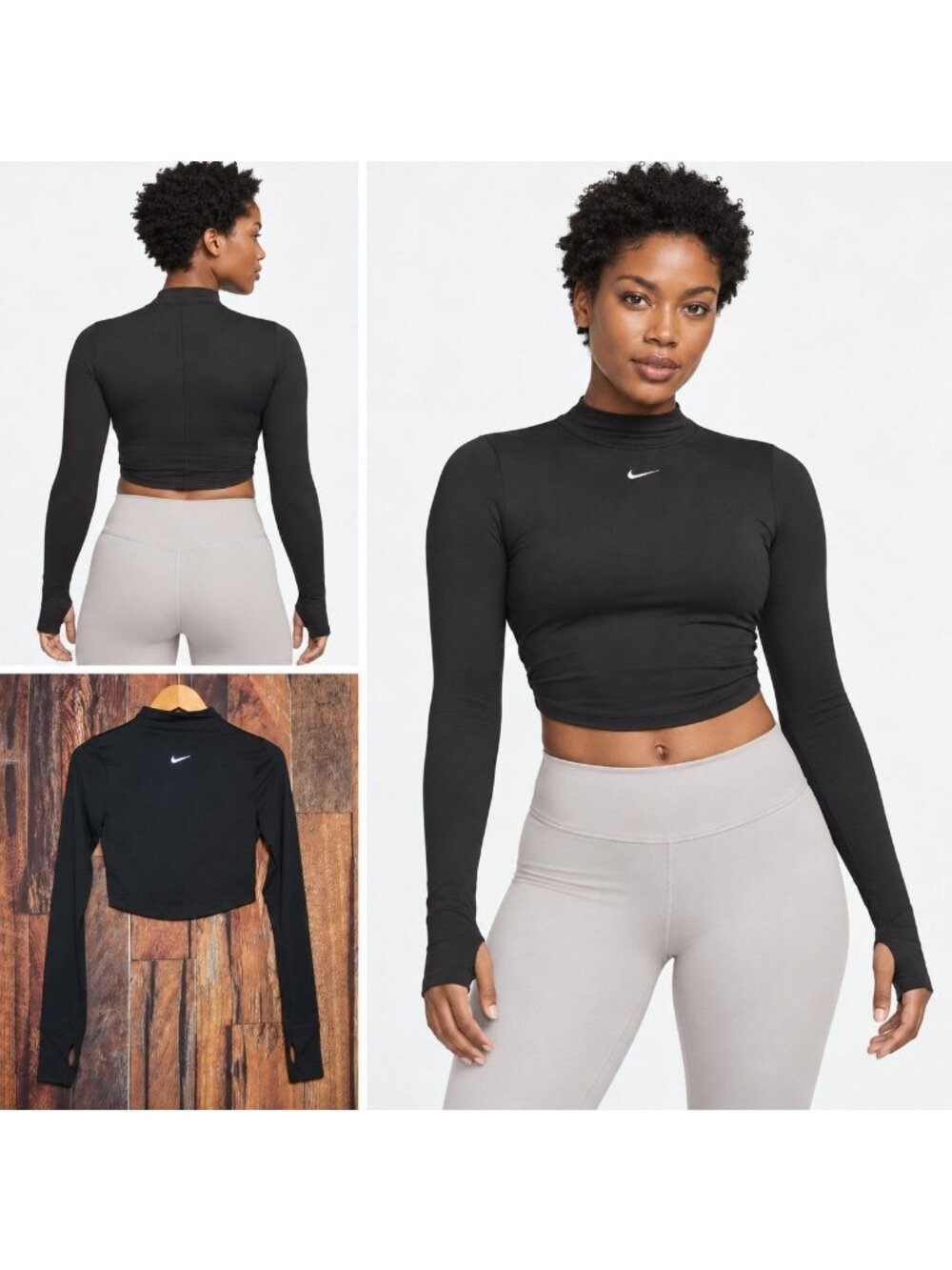 Nike Dri-FIT One Luxe Cropped Mock Neck Long Sleeve Top Black FB5276-010 Size S